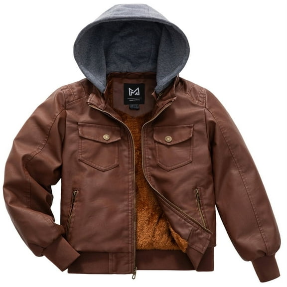 KVE Boy's Faux Leather Jacket Windproof Fleece Lined Warm Winter Coat Kids Bomber Outerwear PU Motorcycle Hooded Jacket Camel 8