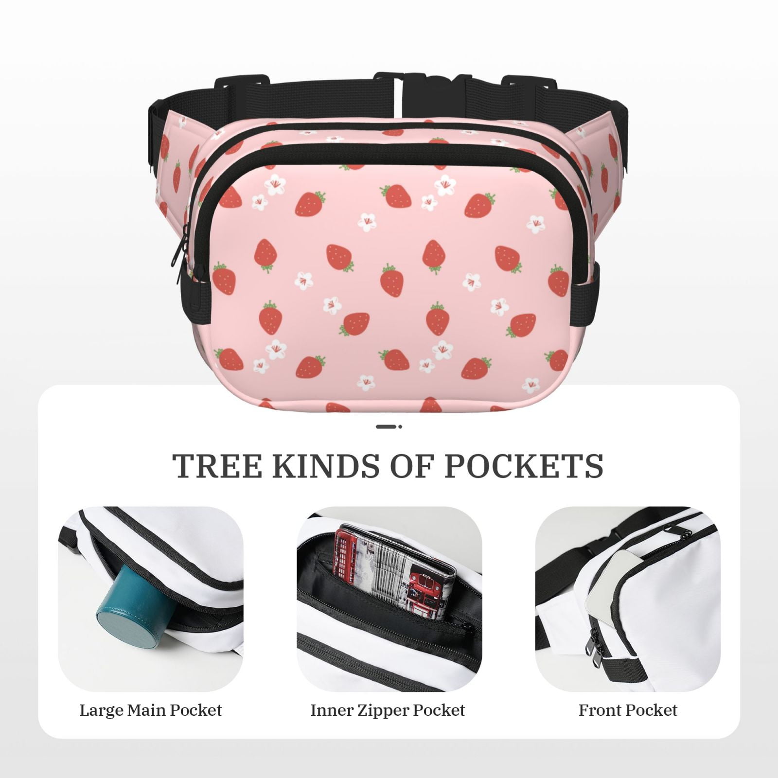 Picia Hand Drawn Strawberry Print Square Double-Layer Waist Bag Mini Adjustable Waist Belt Bag Exercise Running Travel Hiking