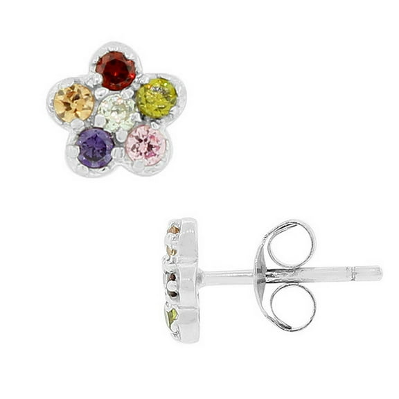 925 Sterling Silver Multicolor CZ Flowers Stud Earrings