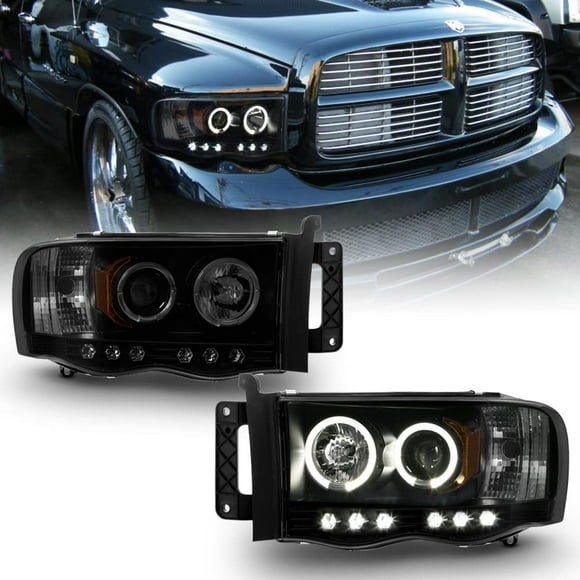 ACANII - For 2002-2005 Dodge Ram 1500 2500 3500 LED Halo Ring Black Smoked Projector Headlights Headlamps Assembly