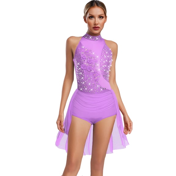 TiaoBug Figure Skating Dress for Women Ballet Lyrical Dance Dress Flower Applique Gymnastics Leotard Dancewear Lavender XXL