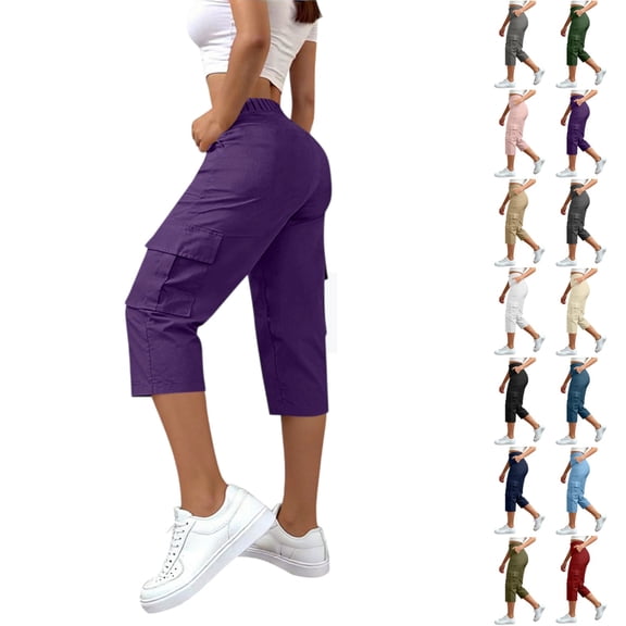 YgkuHd Women's Casual Cargo Capri Pants 7/8 Length - High Waisted Elastic Waistband Hiking Trousers with Pockets for Outdoor Hiking, Plus Size Available,Purple_M