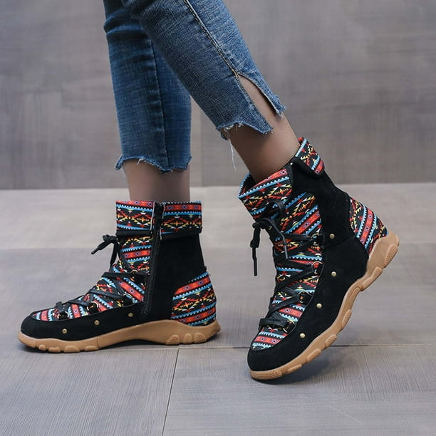 Botas cortas de punta redonda con cremallera lateral retro de estilo étnico de talla grande para mujer Wmkox8yii FOPL1420