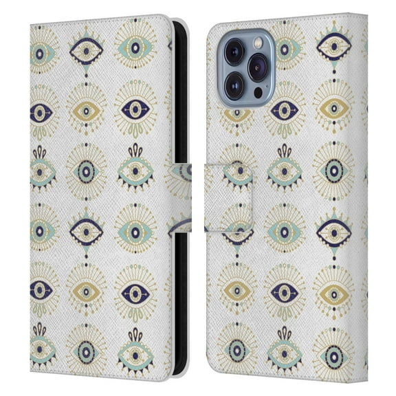 Head Case Designs Officially Licensed Cat Coquillette Linear White Evil Eyes Pattern Leather Book Wallet Case Cover Compatible with Apple iPhone 14