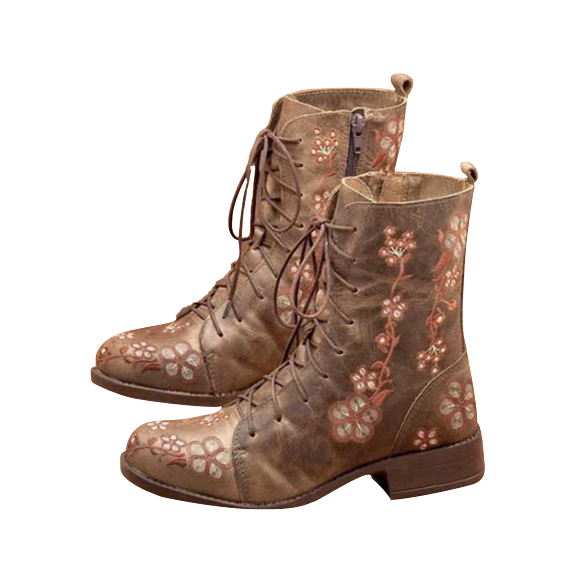 LUXUR Ladies Combat Boot Side Zip Winter Boots Lace Up Ankle Booties Mid Calf Shoes Women Khaki 6 Walmart