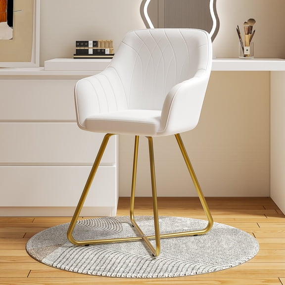 VECELO White PU Leather Vanity Chair with Gold Metal Frame, Vanity Chair with Back, Armchair for Living Room, Bedroom, Office
