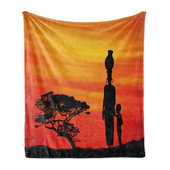African Soft Flannel Fleece Throw Blanket, Rural Countryside Landscape Mother and Child at Sunset Tree Print, Cozy Plush for Indoor and Outdoor Use, 50" x 70", Scarlet Yellow and Black, by Ambesonne