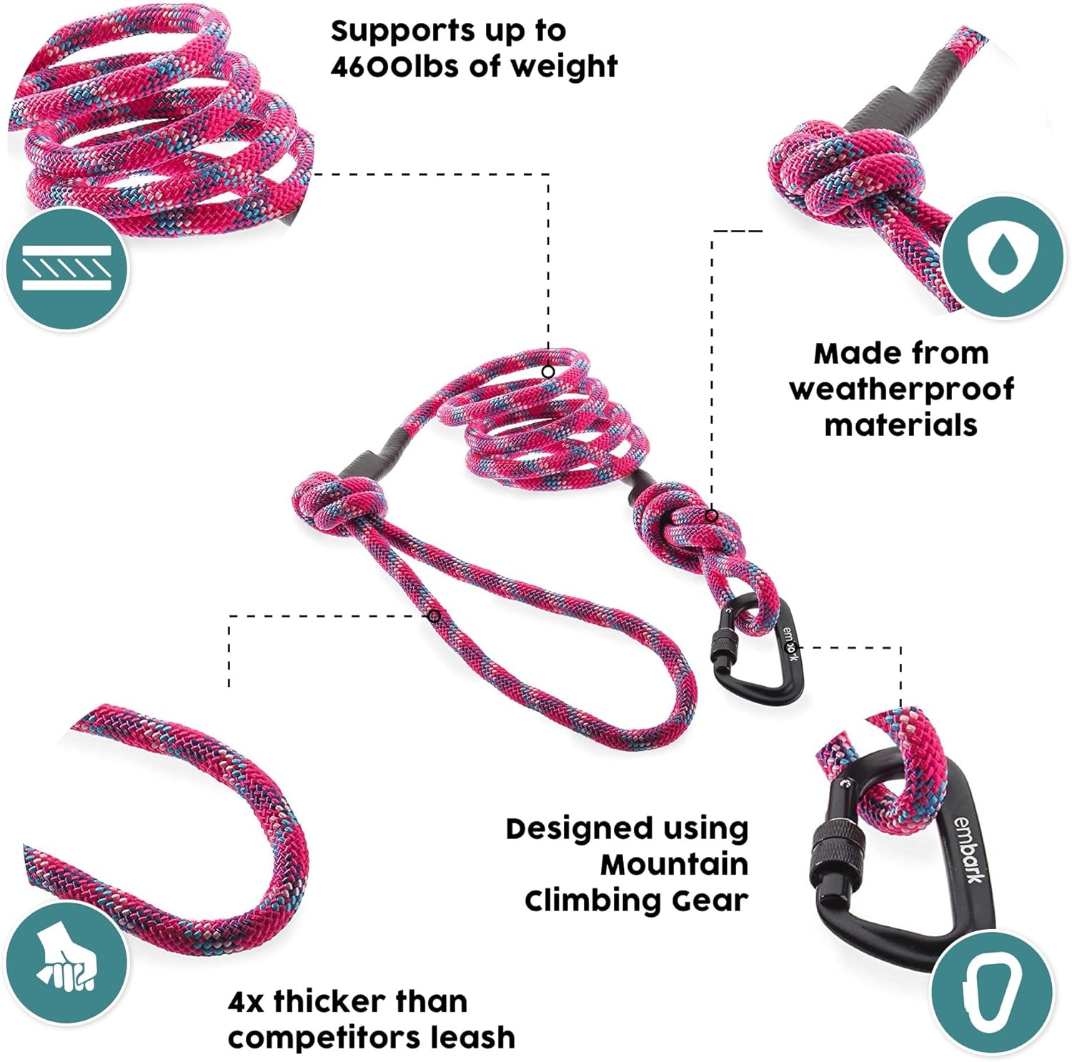 Embark Adventure Pro Leash with Mountain Climbing Rope and Carabiner. Unmatched Strength & Durability, 6ft, Colourful, and Sturdy Nylon Dog leashe for Small, Medium, Large Breed Dogs