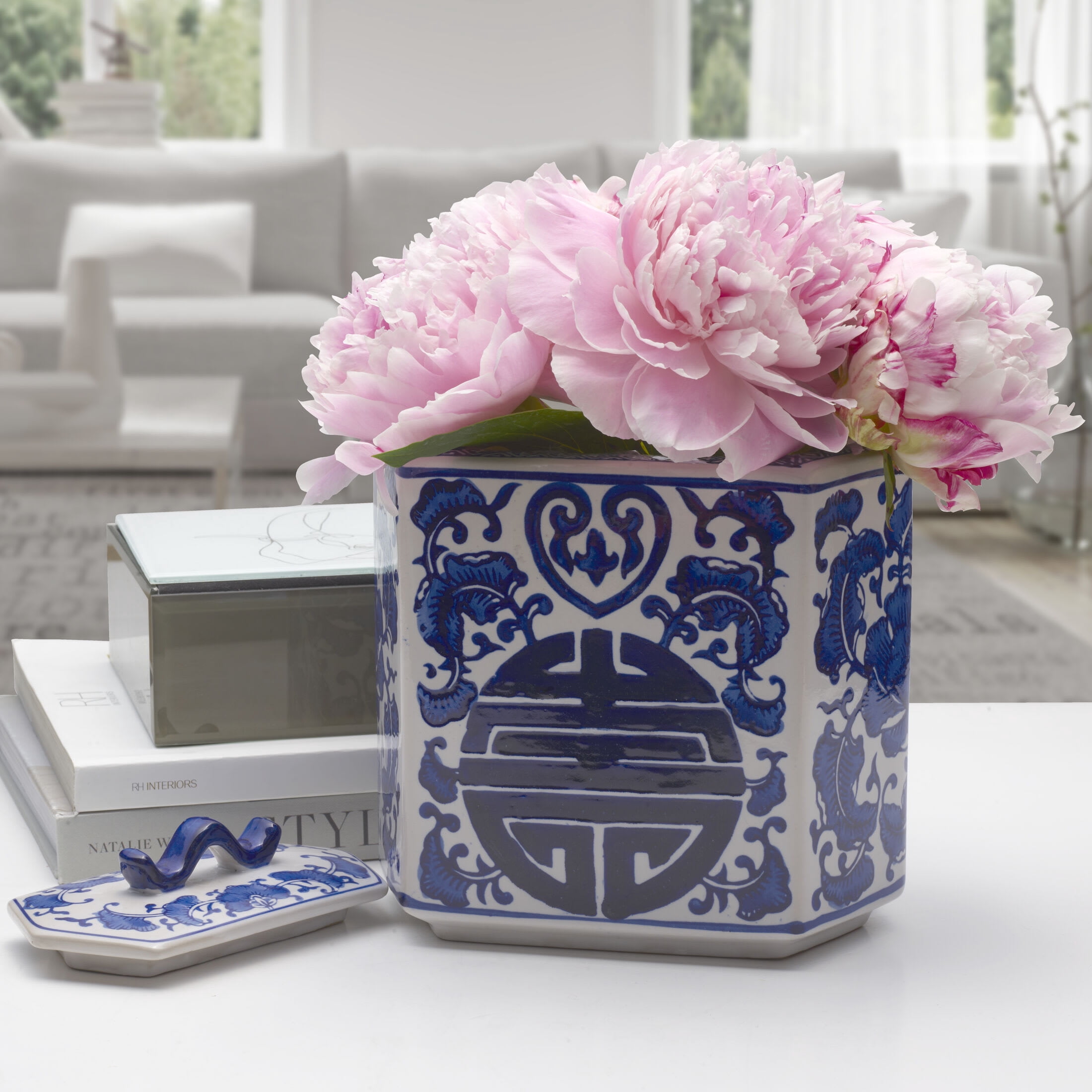 Home Accents 8 inch Blue and White Ceramic Jar with Lid