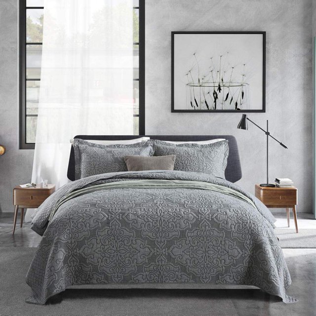 Travan 3-Piece Queen Quilt Set Quilted Bedspread Oversized Microfiber Lightweight Bedspread Coverlet Set with Shams Bedding Set for All Season Grey Queen Size