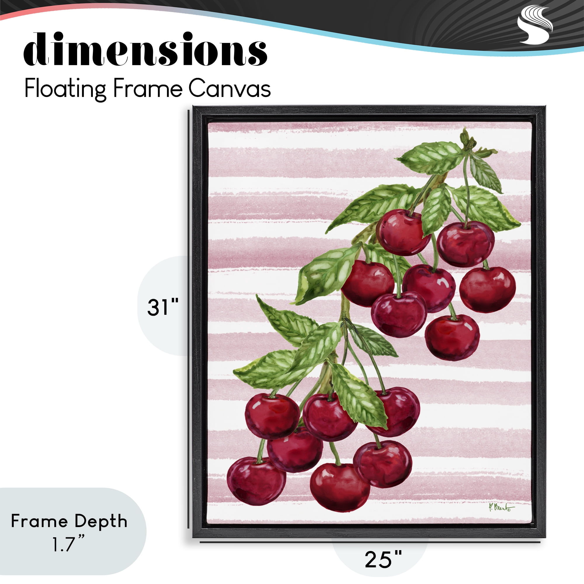 Stupell Industries Juicy Cherry Vine on Stripes Black Framed Floater Canvas Wall Art, design by Paul Brent