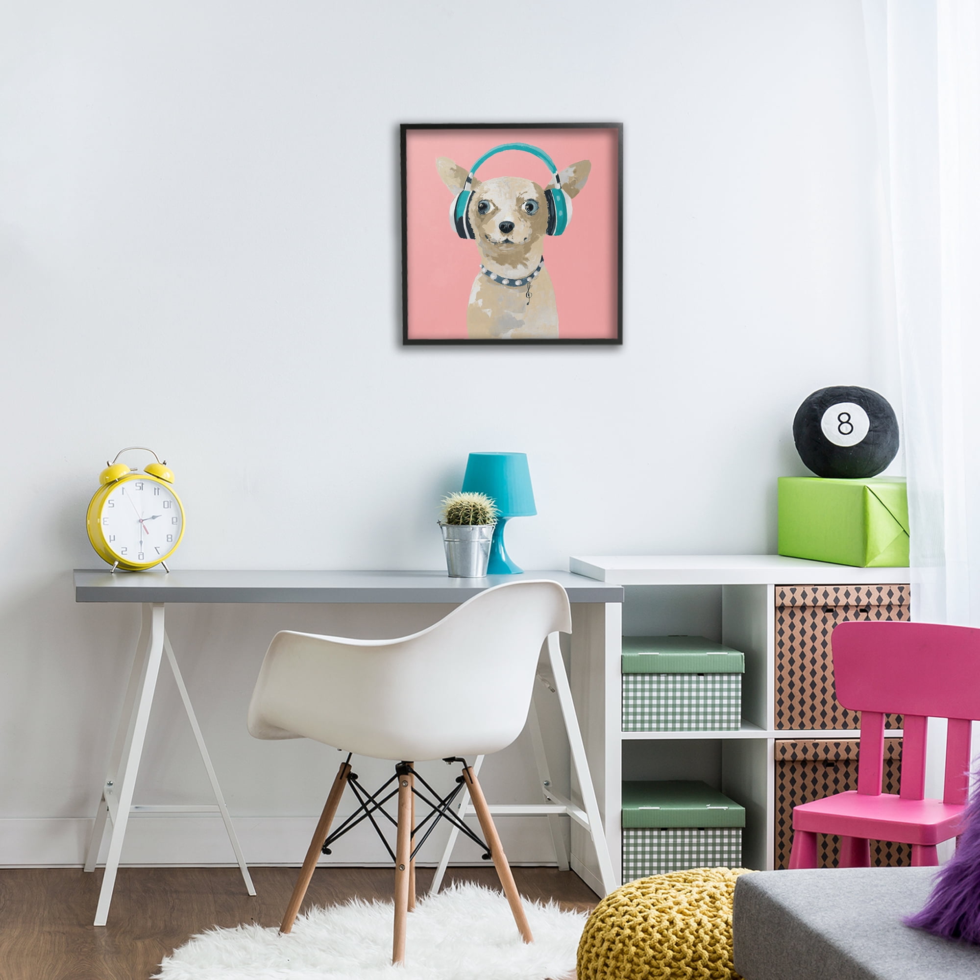 Stupell Industries Jammin' Pup on Pink Black Framed Giclee Art, design by Lorenzo Collective