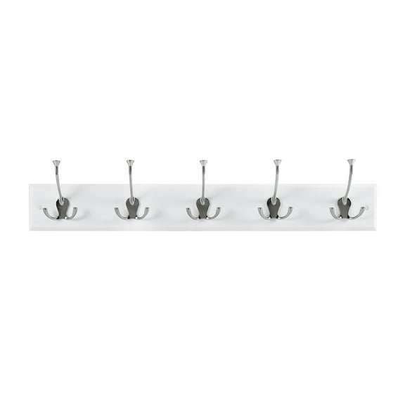 Melannco 27X5 Inch Wall Mount MDF Coat Rack With 5 Silver Metal  Hooks White
