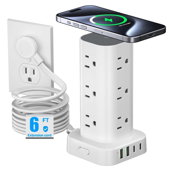 Power Strip Tower Pluackg con cargador inalámbrico de 15 W, color blanco