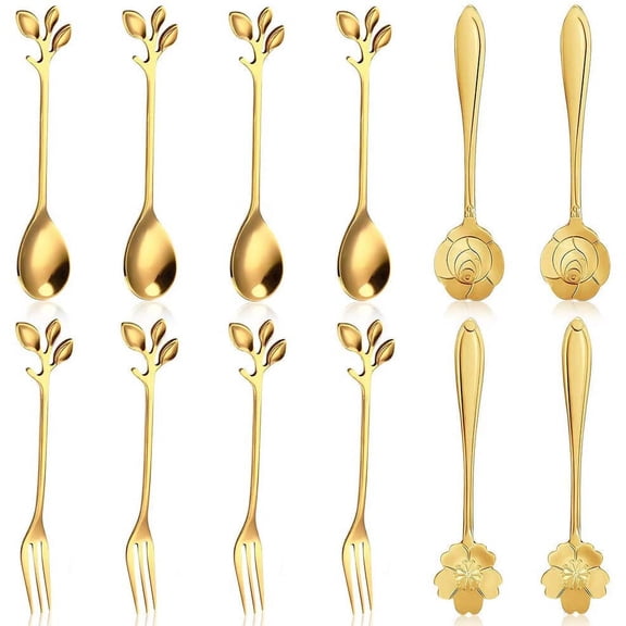 FULANDL 12PCS Stainless Steel Leaf-Pattern Coffee Spoon and Fork Set, Dessert Utensils and Stirring Spoons, Suitable for Coffee, Tea, and Cake