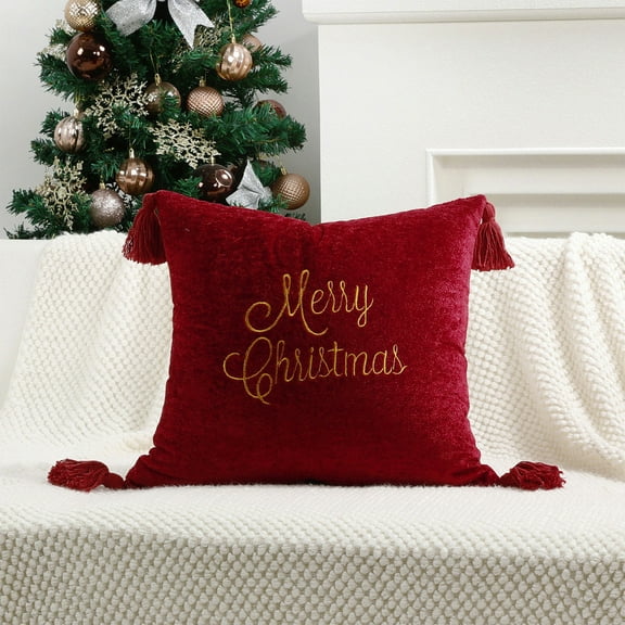 Merry Christmas Throw Pillow Cover – Soft Embroidered Velvet Cushion Cases, Hidden Zipper Washable Pillowcase for Sofa Couch Decor Stocking Stuffer or House-Warming Gift