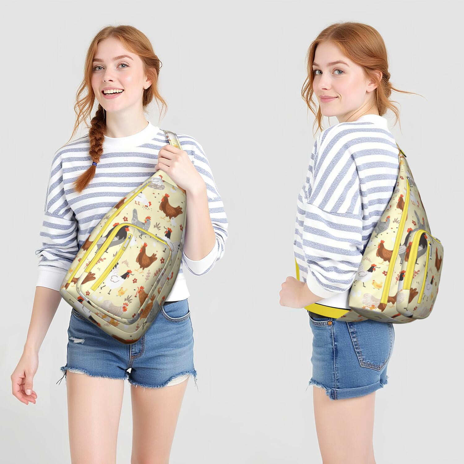 Farmhouse Chicken Print Canvas Sling Bag - Retro Rooster & Eggs Crossbody Shoulder Pack for Men/Women, Cute Farm-Themed Casual Daypack (Rustic Chick Coop Design, Lightweight & Durable)