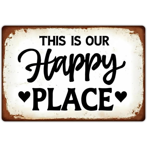 Rustic “This Is Our Happy Place” Tin Sign – Vintage Black & White Metal Wall Art for Entryway, Living Room, Bedroom or Porch Décor, Farmhouse Home Sign, 8×12 Inch (9748)