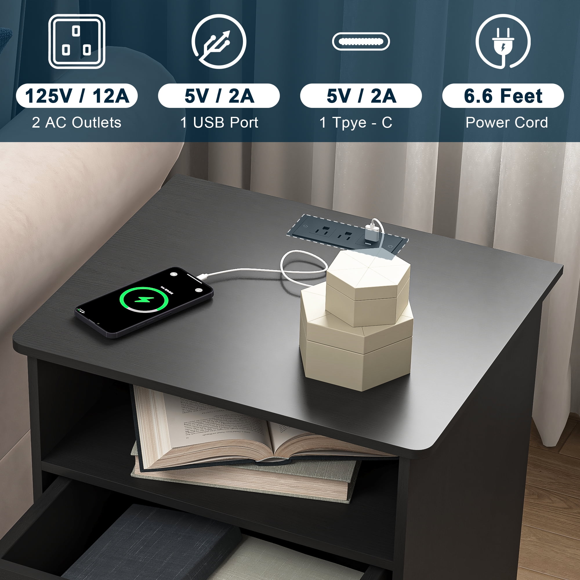 Demi Bonn 18" Side Table with Fast Charging Station USB C Cable Fast Charging, End Table Nightstand with Drawer and Shelf for Bedroom, Living Room, Black