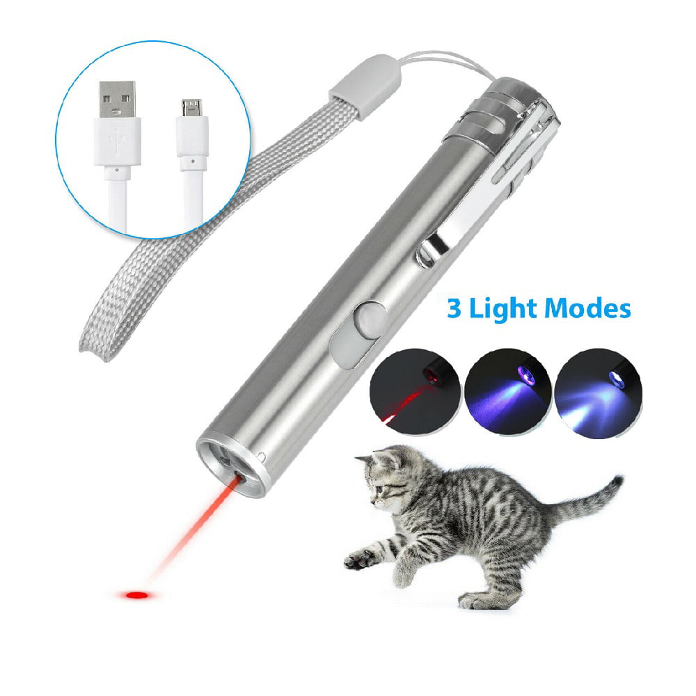 3 in 1 Super LASER Cat Pet Toy POINTER USB PEN Rechargeable Red UV Flashlight