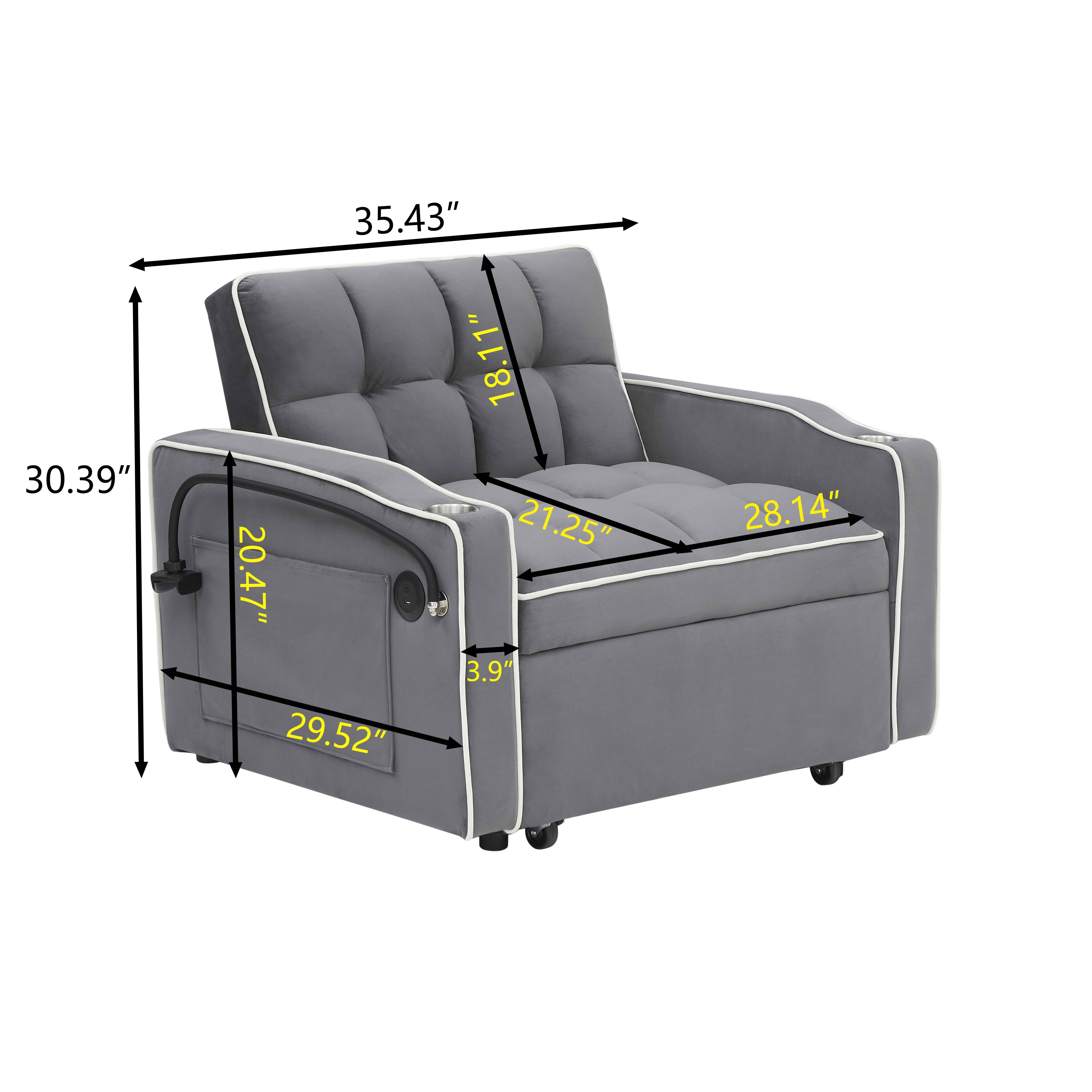 MAYEERTY Dark Gray Velvet Foldable Single Sofa Bed, Adjustable Back Pull-Out Couch with USB Port, Ashtray & Swivel Phone Stand Eucalyptus Wood Frame