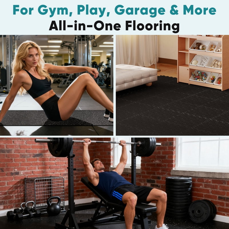 Gianna 12Pcs 1/2"Thick Gym Flooring Mats，Exercise Yoga Mat，Black-1