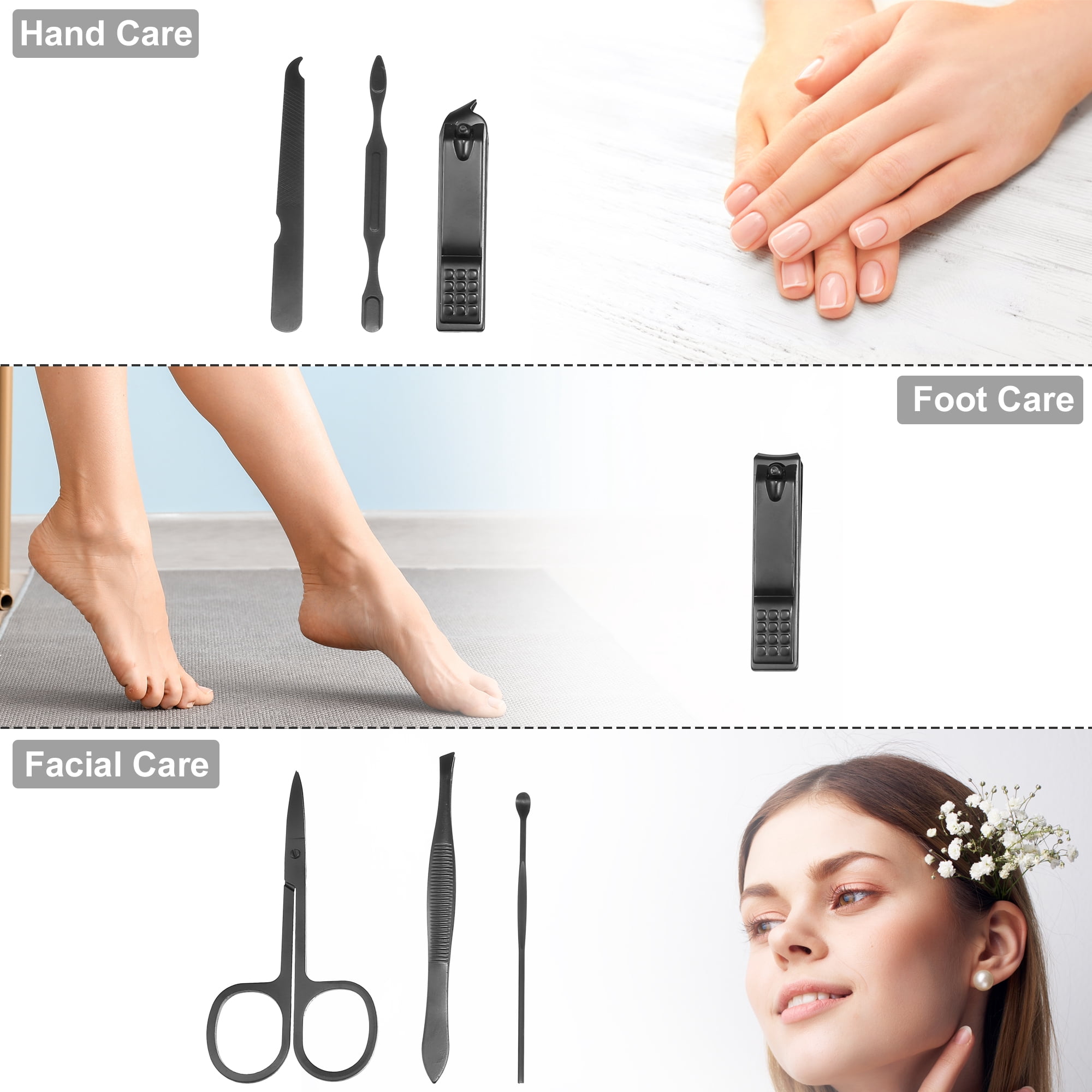 Unique Bargains 7 pcs Manicure Set with Gray PU Case Personal Care Stainless Steel Black
