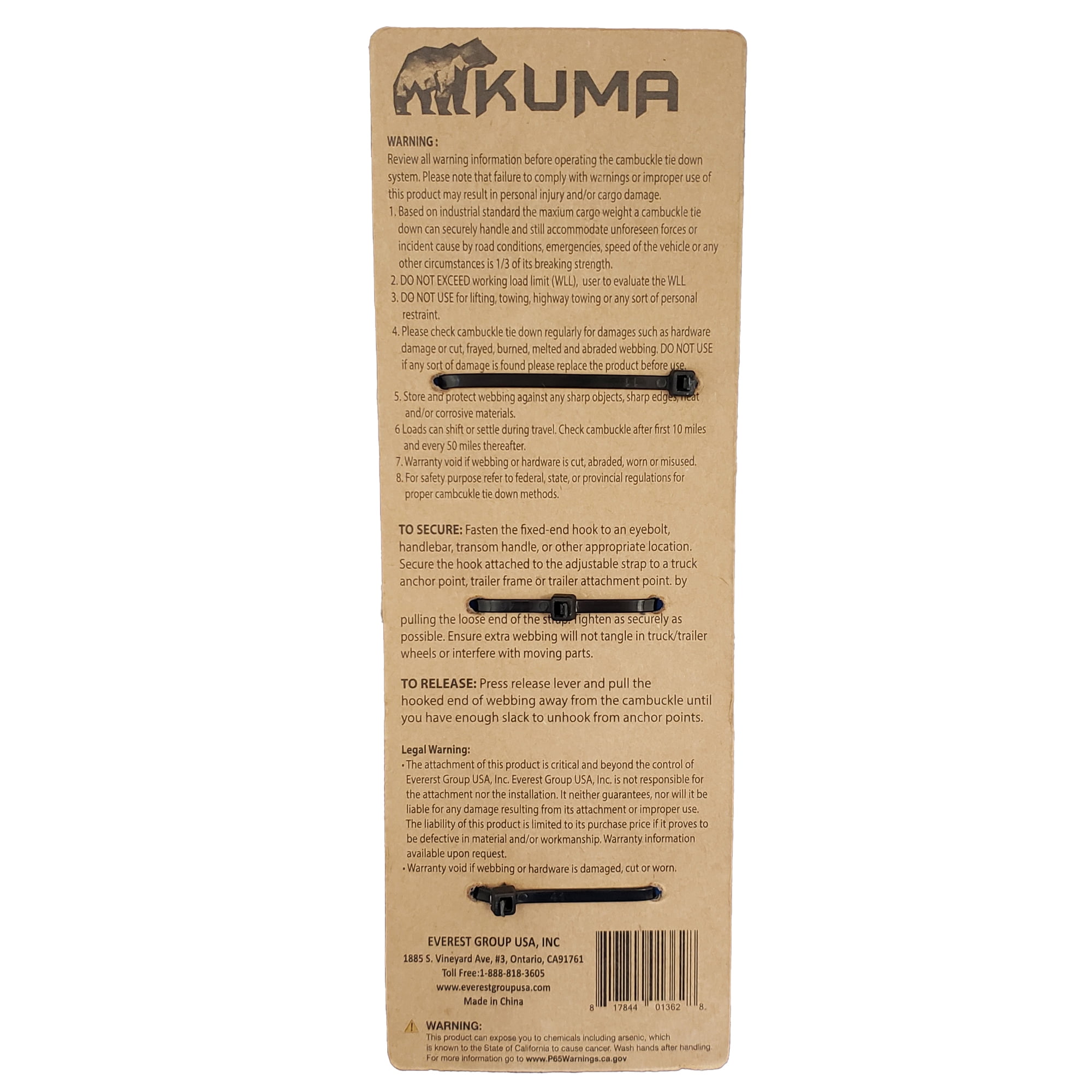 Kuma 1"x6' 300 lb WLL Reflective Tie-Down Cambuckle Strap , with Safety S-Hooks 1-Pack