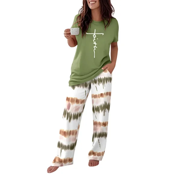 ChicMe Pajamas for Womens Letter Print Round Neck Short Sleeve Tops and Tie Dye Elastic Waist Pants Loose Fit Casual Sleepwear Set Green-l