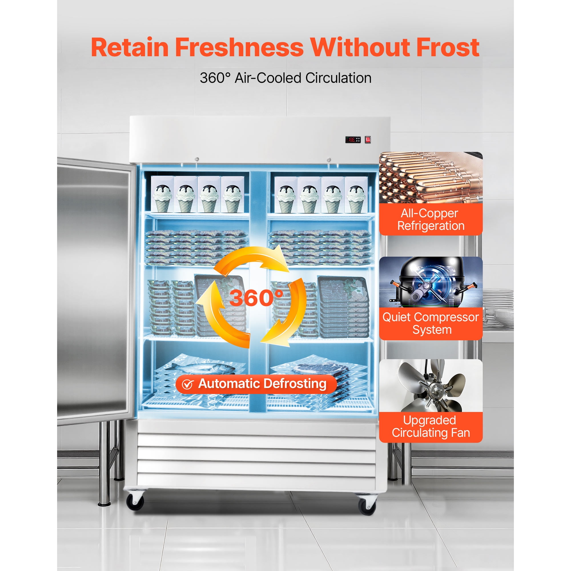 KFFKFF Commercial Stainless Steel Upright Freezer, 54" Wide, 44 Cu.Ft Capacity with Double Doors, Auto-Defrost, 8 Adjustable Shelves, -11 to 14℉ Temperature Range, ETL Certified