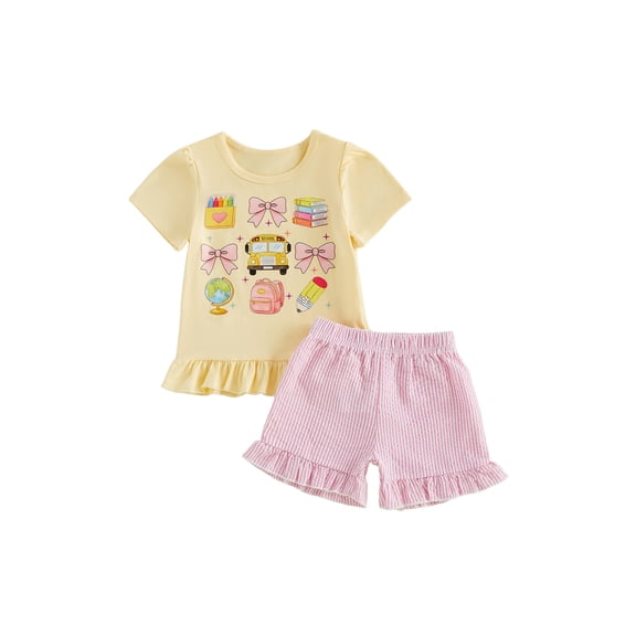 BemeyourBBs Toddler Baby Girl Back to School Outfit Baby First Day of School Kindergarten Outfit Baby Girl Summer Clothes Bow School Bus Embroidery Short Sleeve T Shirt Tops and Stripe Shorts Set