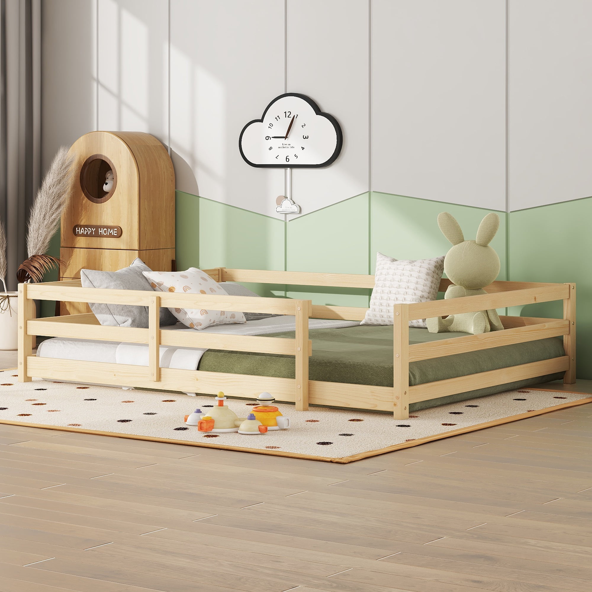 Sesslife Full Size Floor Bed with Door and Fence, Wood Full Floor Platform Bed with Slats, Full Montessori Bed for Boys Girls, No Box Spring Needed, Oak