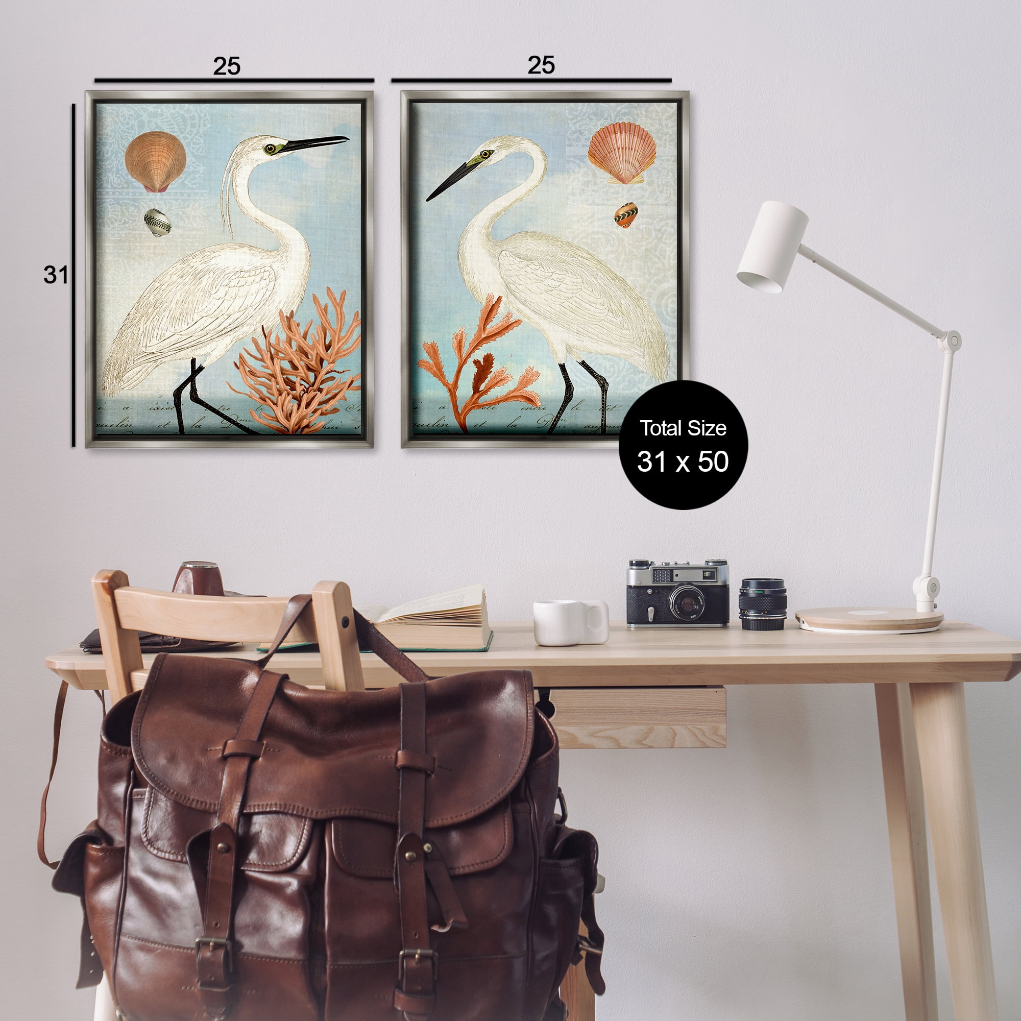 Stupell Industries Beach Items Shell Heron Egret Animals Painting Gray Floater Framed Canvas Art Print Wall Art, 31 x 25, Set of 2