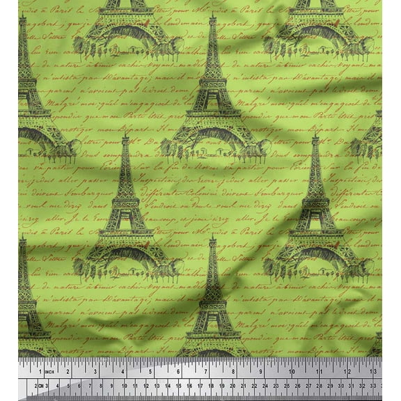 Soimoi Green polyester Crepe Fabric Text & Eiffel Tower Architectural Print Fabric by the Yard 42 Inch Wide
