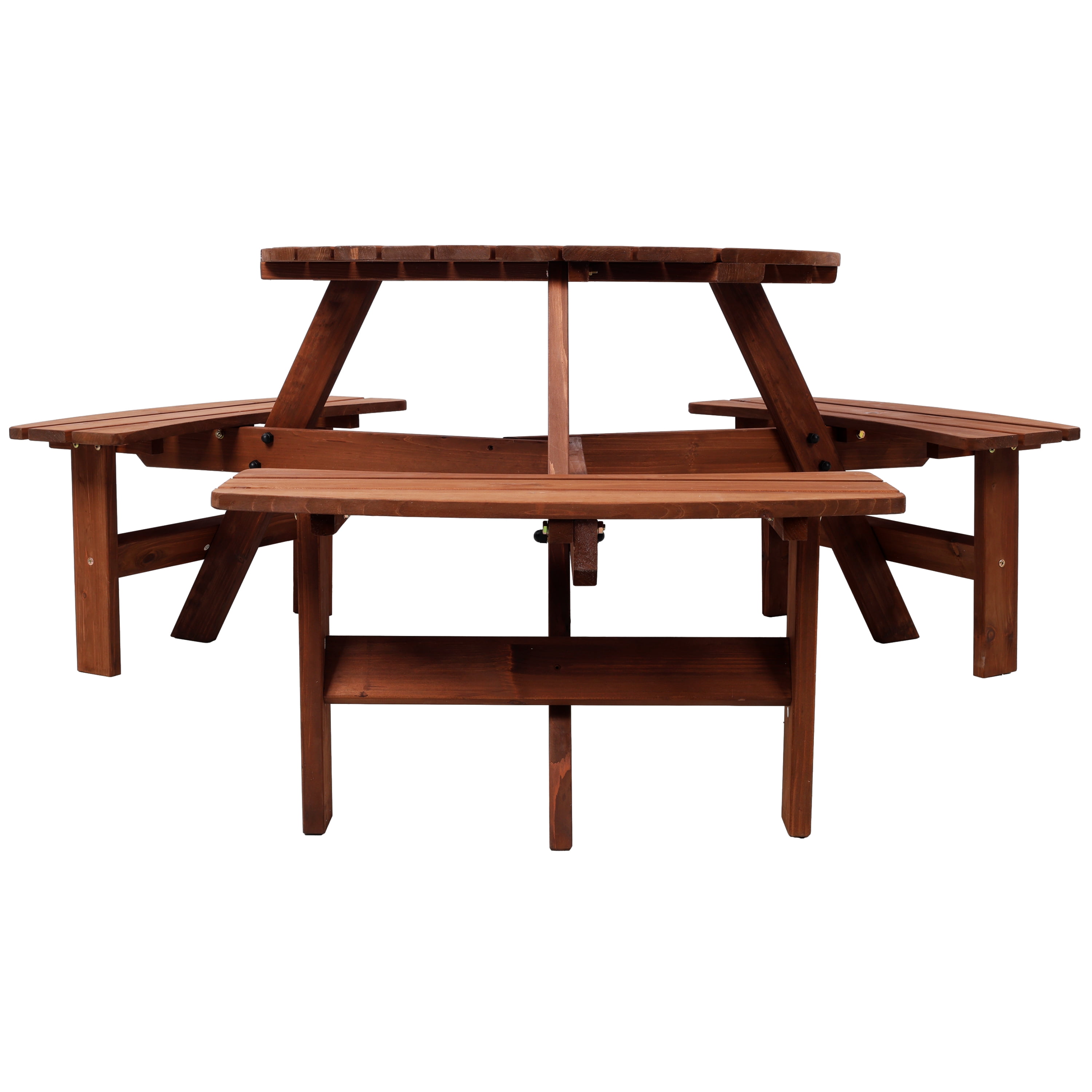 Leumius 6-Person Outdoor Wooden Picnic Table with 3 Built-In Benches &Umbrella Hole,Circular Camping Dining Table for Garden Patio Backyard