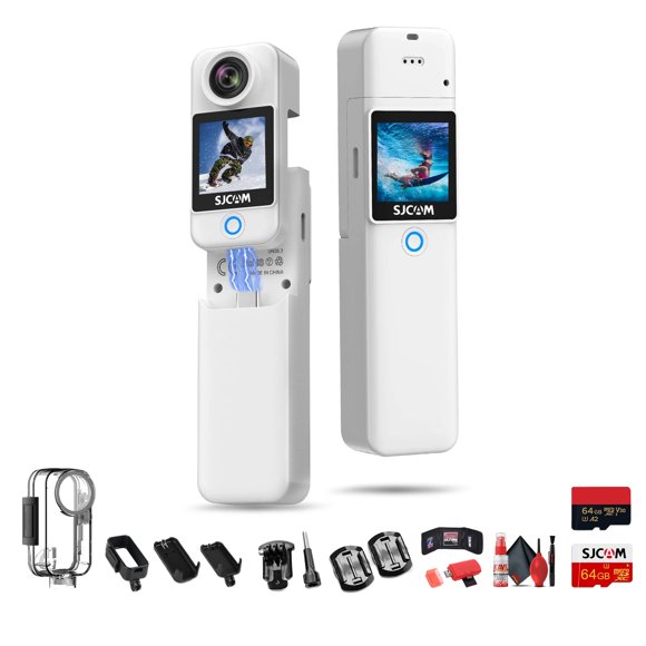 SJCAM C300 4K Dual Touchscreen Action Camera | Ultra HD Compact Vlogging Cam with Front and Rear Screens | Waterproof Mini Camera (C300W) Bundle Including: 64GB Memory Card, USB-C Adapter, More