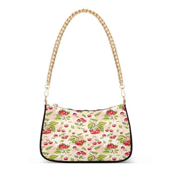 Ryvnso Cherry with Green Leaves Womens Chain Shoulder Bag Tote Handbags Clutch Hobo Purse with Zipper for Travel
