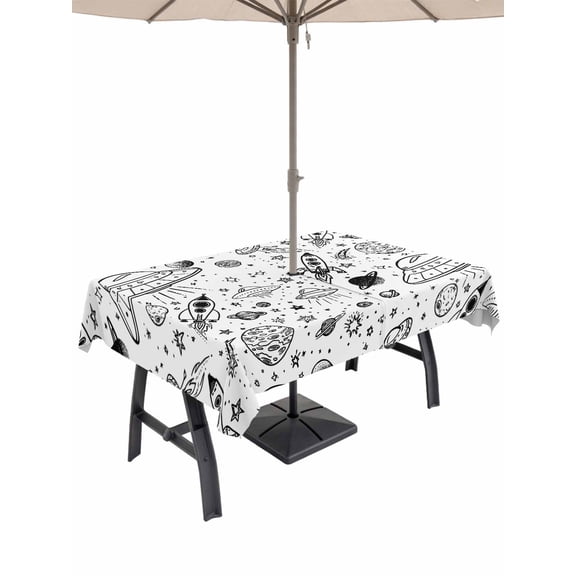 Outdoor Tablecloth with Umbrella Hole for Patio/Picnic/Party/Camping, Black White Cartoon Space Waterproof Table Cloth Rectangle Table Cover Washable, Star Spacecraft Rocket Meteorite (52"x 70")