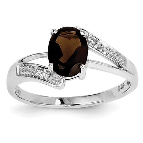 Sterling Silver Rhodium Smoky Quartz /& Diamond Ring