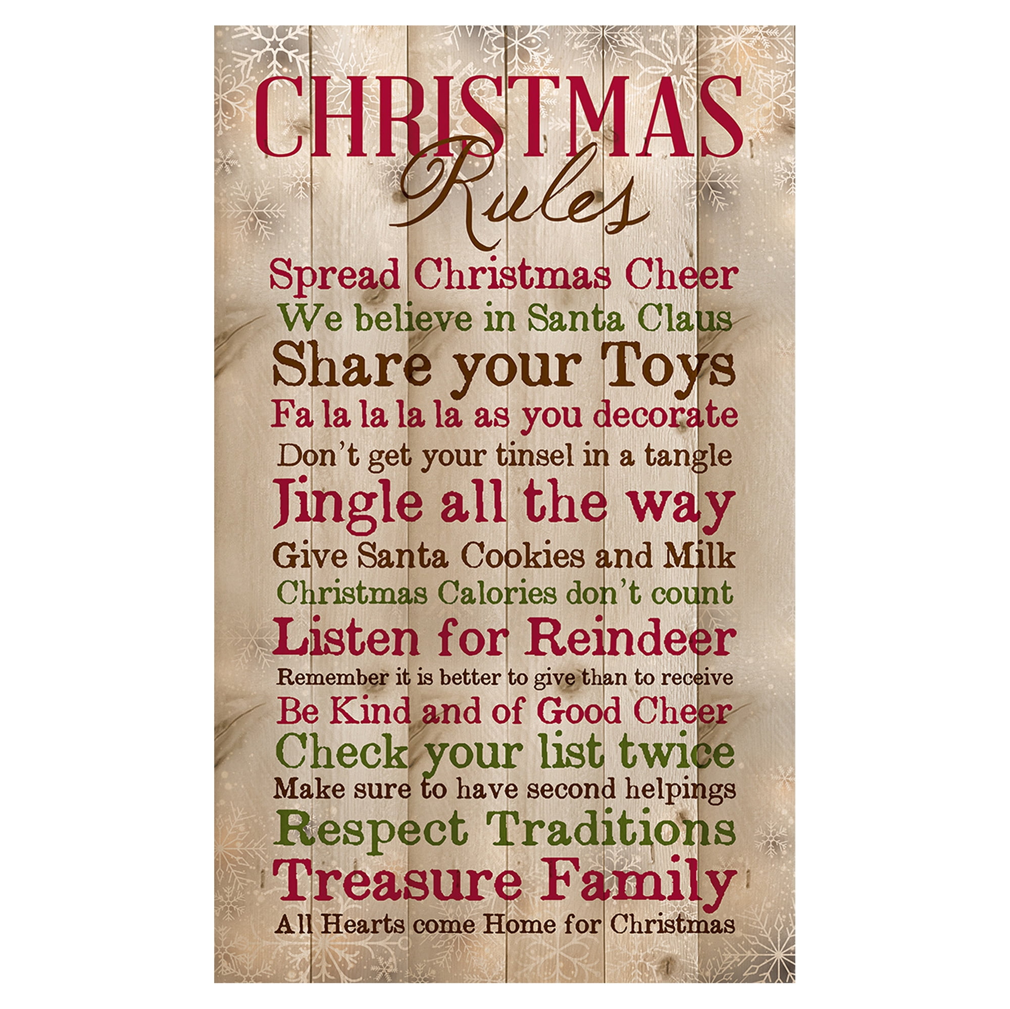 Christmas Rules Family Cheer Snowflakes 15 x 9 inch Pine Wood Plank