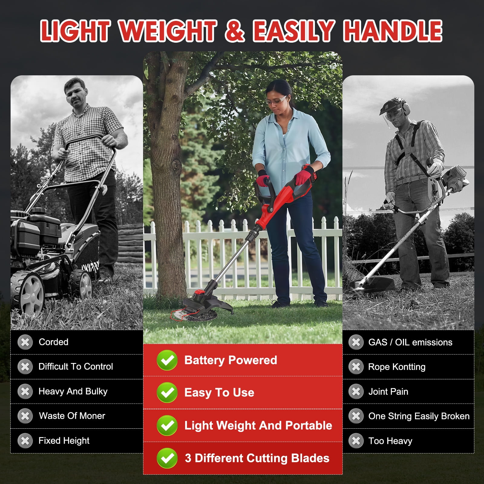 Cordless Brussless Weed Eaters with 1.5 Ah Battery, Grass String Trimmer for Wood Cutting Grass Cutting, 54 Ft Adjustable