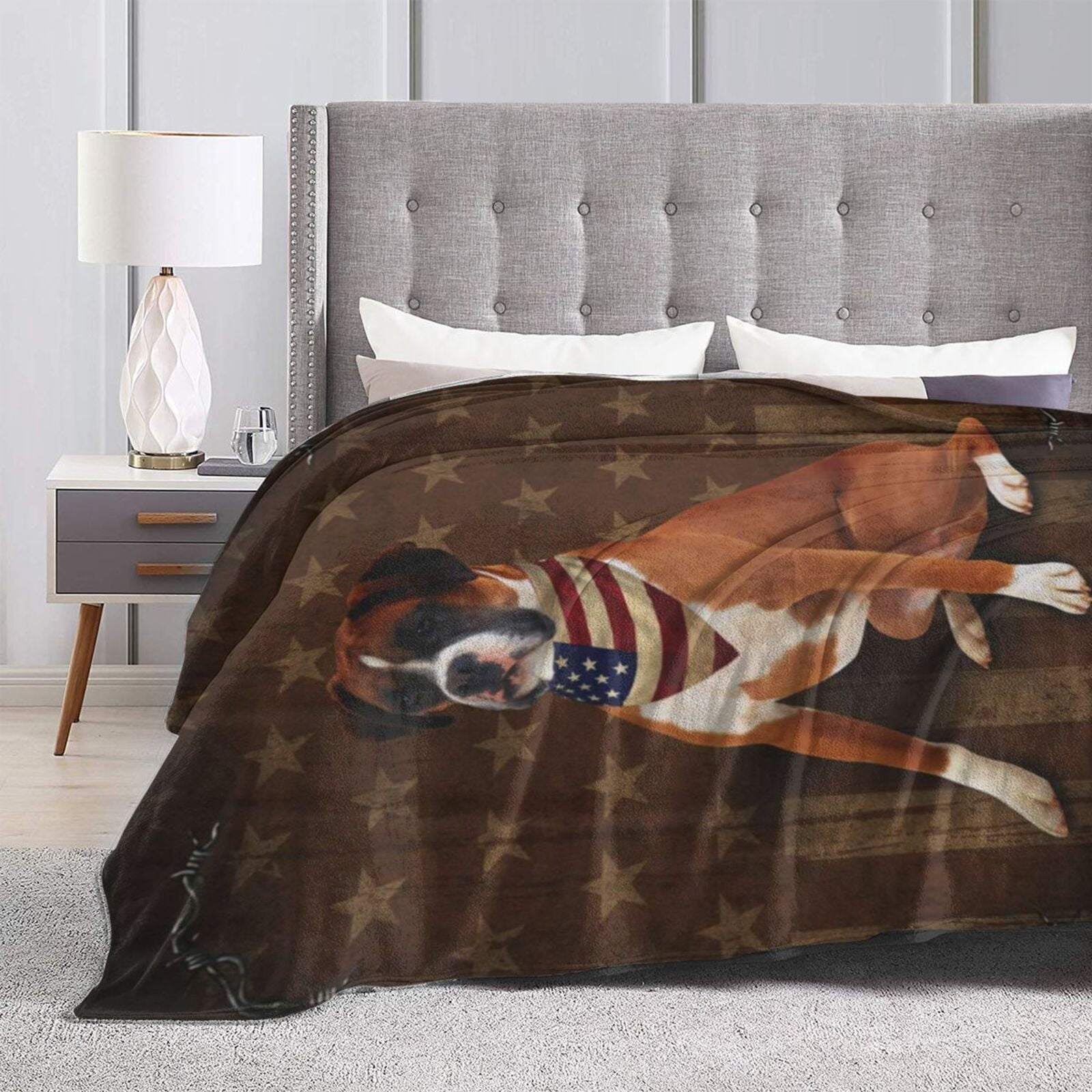 Wijzvio Boxer Dog With Vintage American Flag Throw Blanket Soft Fuzzy Fleece Blanket For Couch Bed Living Room Decoration 50"X40"
