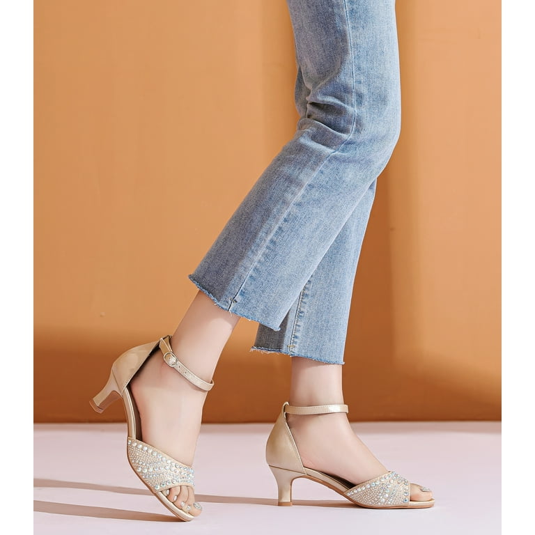 DADAWEN Low Hee Dress Shoes Open Toe Ankle Strap Sandals Rhinestone Shiny  Champagne 5.5US - Walmart.com