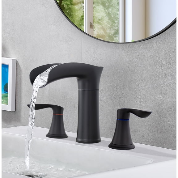 SUNRINX Bathroom Sink Faucet 3 Hole 8'' 2-Handle Bathroom Faucets for Sink with Drain Assembly, 360° Swivel Head Waterfall Bathroom Sink Faucet, Matte Black