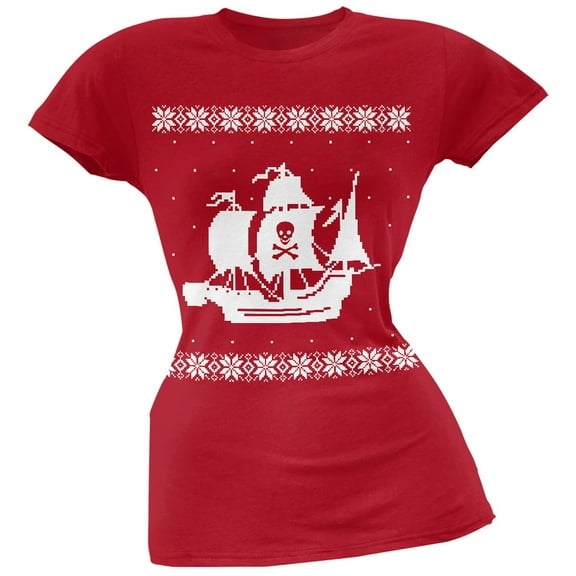 Big Pirate Ship Ugly Christmas Sweater Red Soft Juniors T-Shirt - X-Large