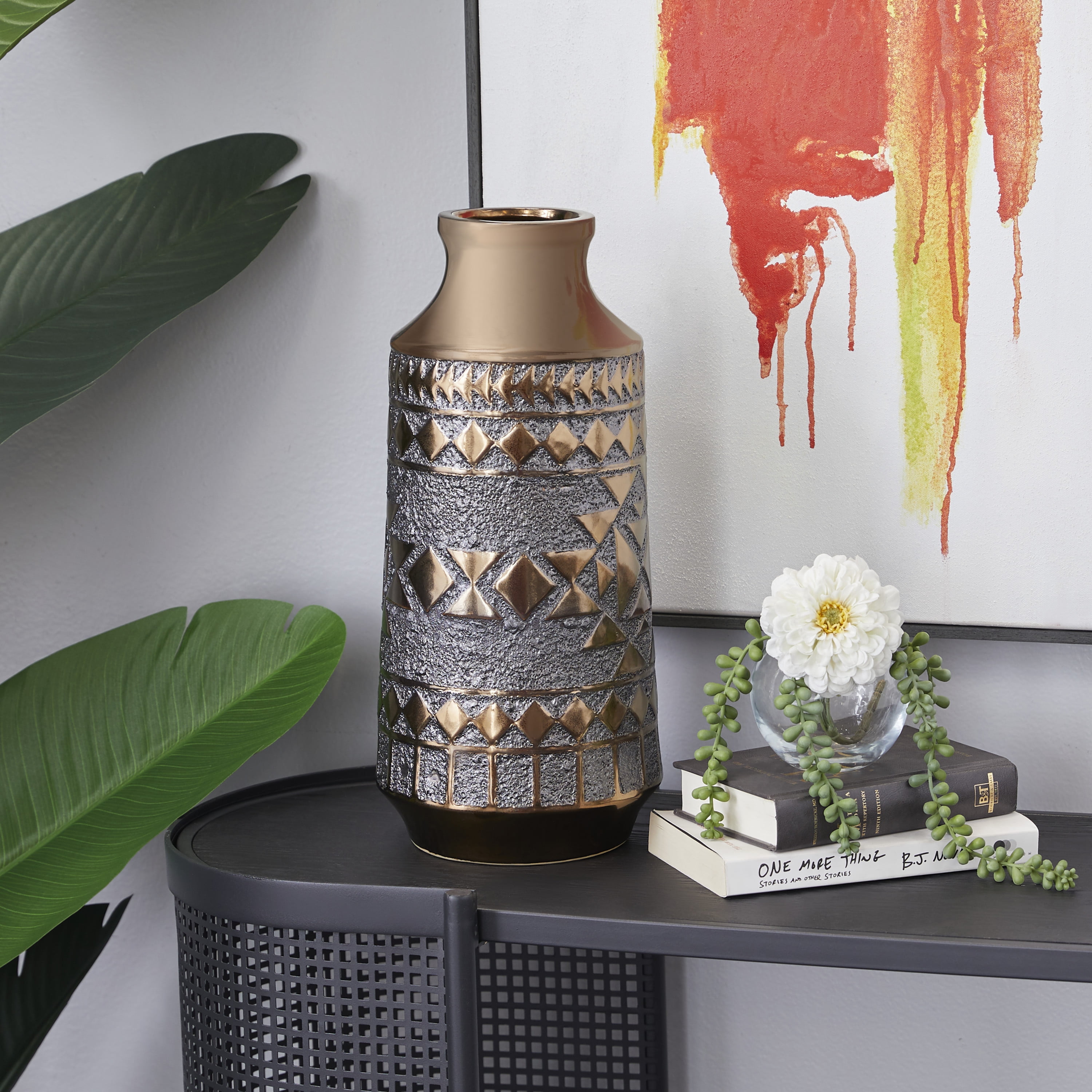DecMode 16" Tribal Gold Porcelain Vase