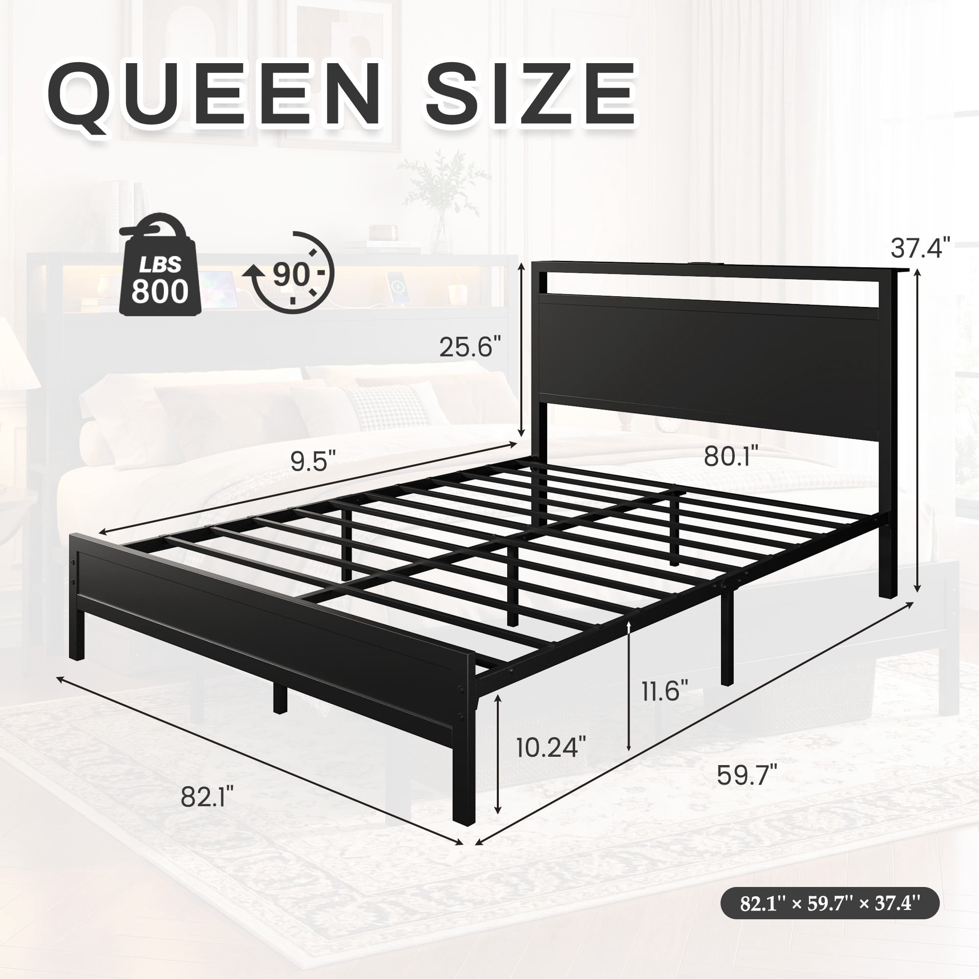 Bolvdo Queen Size Bed Frame with Headboard & Footboard, Built-in Charging Station & LED Light, Storage Shelf, Noise-Free, No Box Spring Needed, Easy Assembly, Classic Black