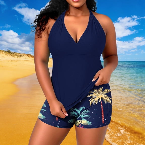 Halter Tankini Sets for Women Plus Size Built-in Bra V Neck Backless Swimsuits with Boyshorts 2 Piece Bathing Suits Floral Hibiscus Print Tummy Control Slimming Swimwear