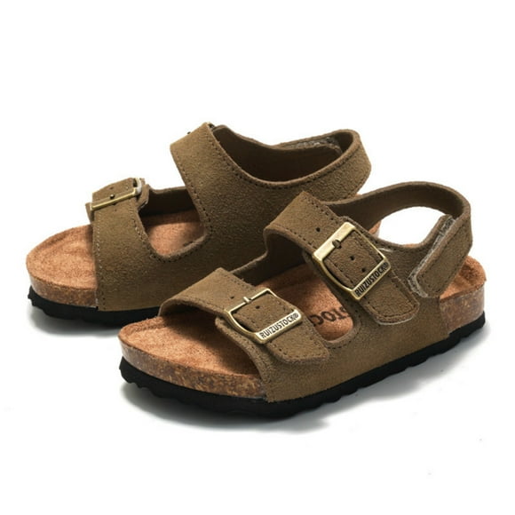Kids' Genuine Leather Cork Sandals Adjustable Hook & Loop Beach Shoes for Boys & Girls with Non-Slip Sole