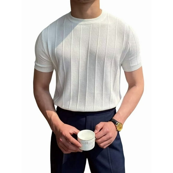 Men'S Round Neck Short Sleeve Thin Bottoming Shirt Casual Ribbed Knitted Pullover Top Solid Color T-Shirt White L